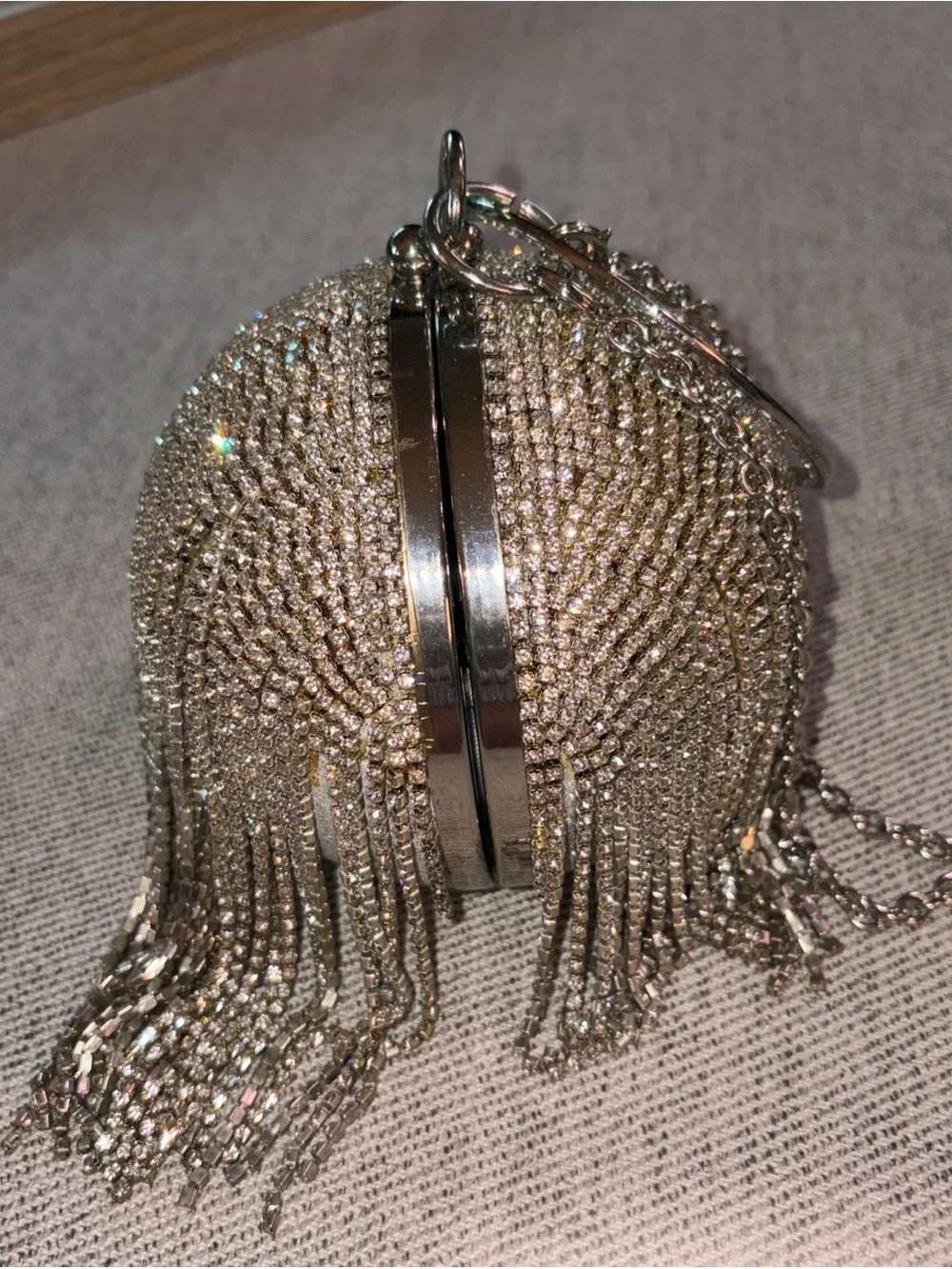 Silver Crystal Fringe Wristlet Clutch with Metal Bangle